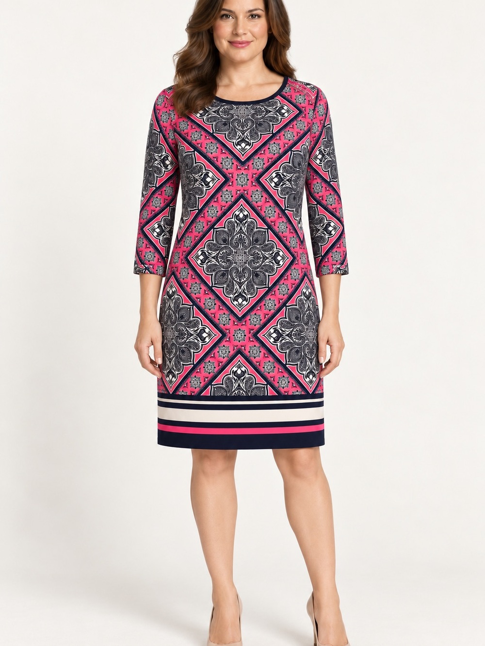 Vince Camuto Pink and Navy Geometric Paisley Print Midi Dress